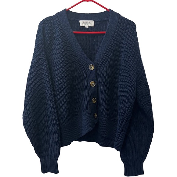 La Ligne Chunky Cotton Cardigan Sweater In Navy Blue Knit 100% Neck Size XS - Picture 2 of 10